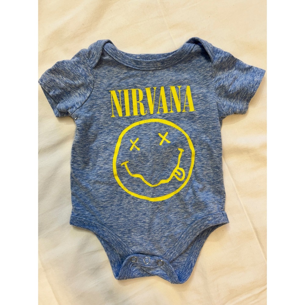 Grungecore Nirvana Baby Bodysuit Blue Heather Smiley Face Logo Romper 0-3‎ Month